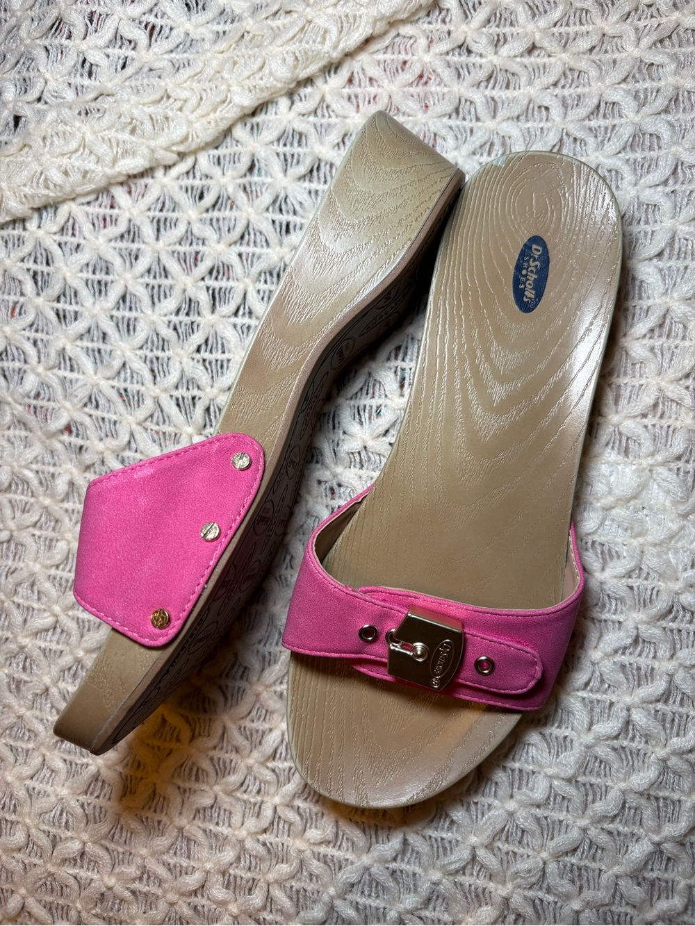 Dr. Scholl's Pink Slide Wedge Mules with Buckle Accent